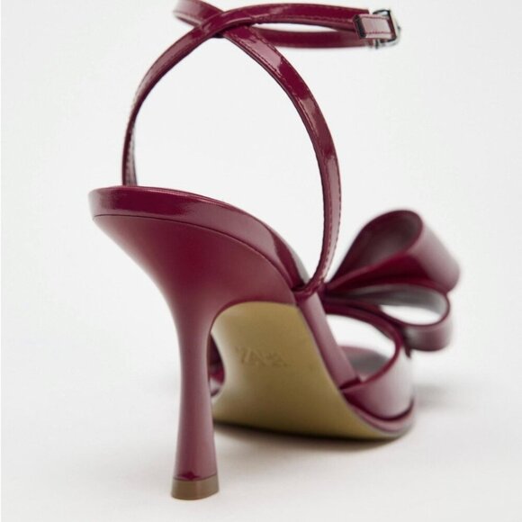 Zara Patent Leather Effect Bow Heel Sandal NWT Strawberry Red Size 37/ 6.5 - Picture 4 of 10